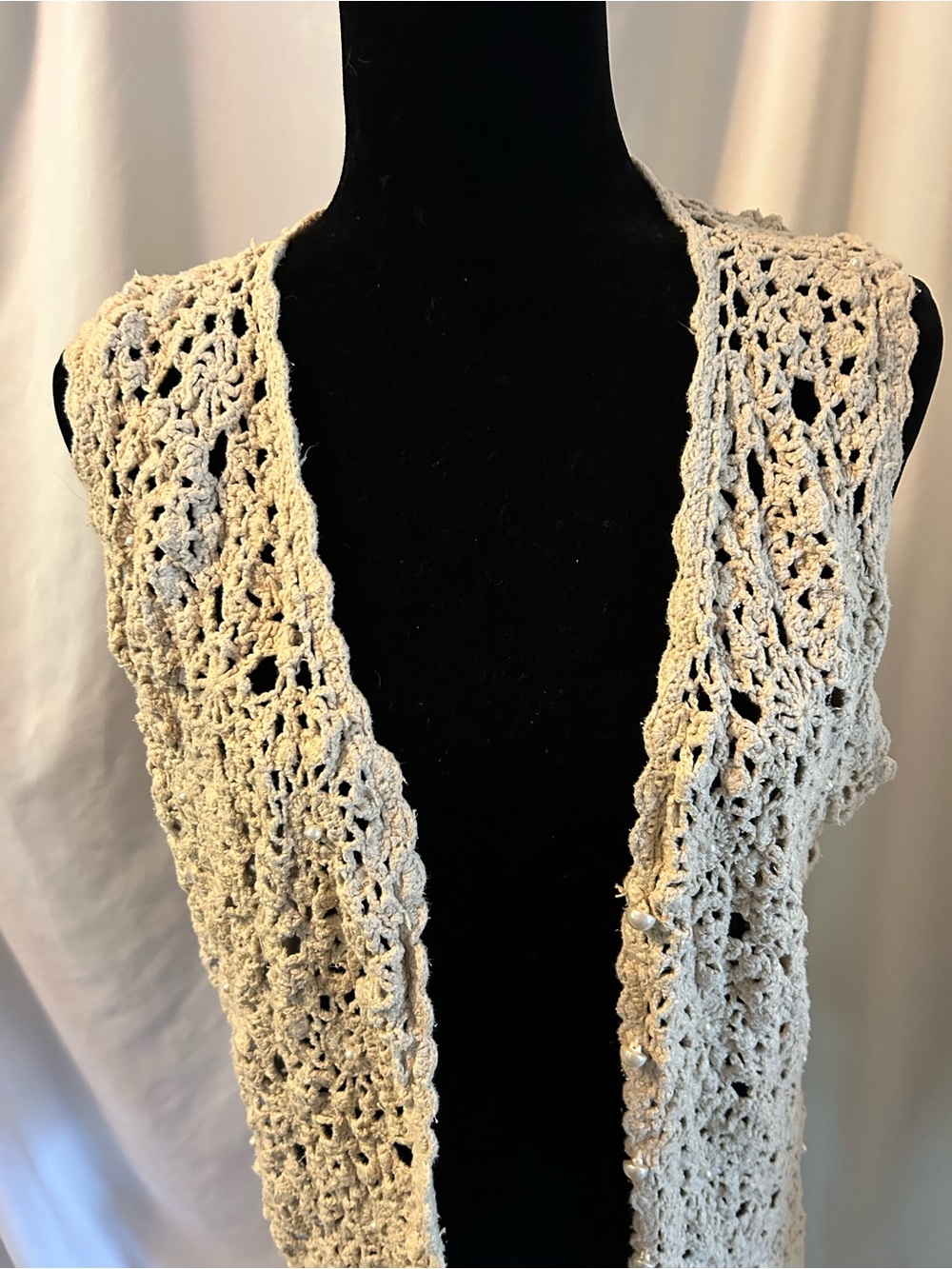 Vintage Boho Crochet Open Front Vest in Cream With Pearl Embellishment